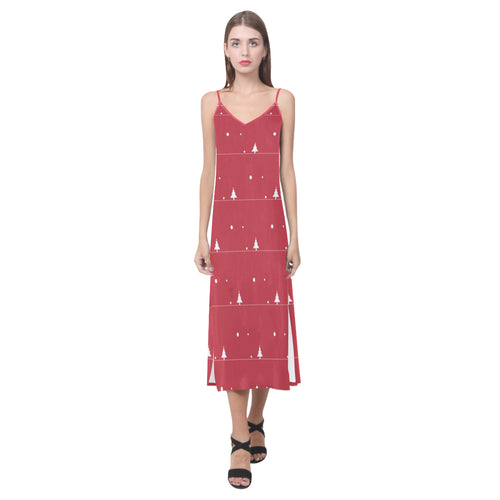 Christmas tree star snow red background V-Neck Open Fork Long Dress