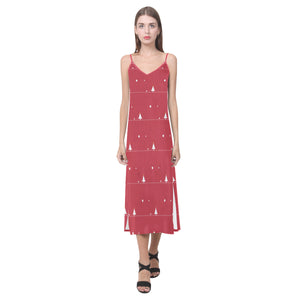 Christmas tree star snow red background V-Neck Open Fork Long Dress