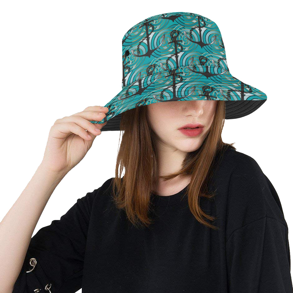 Anchor nautical green background Unisex Bucket Hat