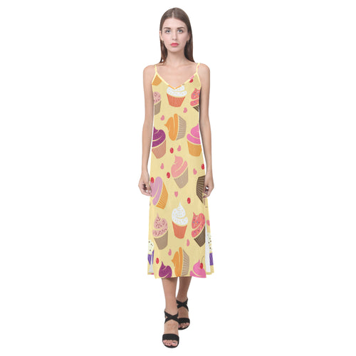 cake cupcake heart cherry pattern V-Neck Open Fork Long Dress