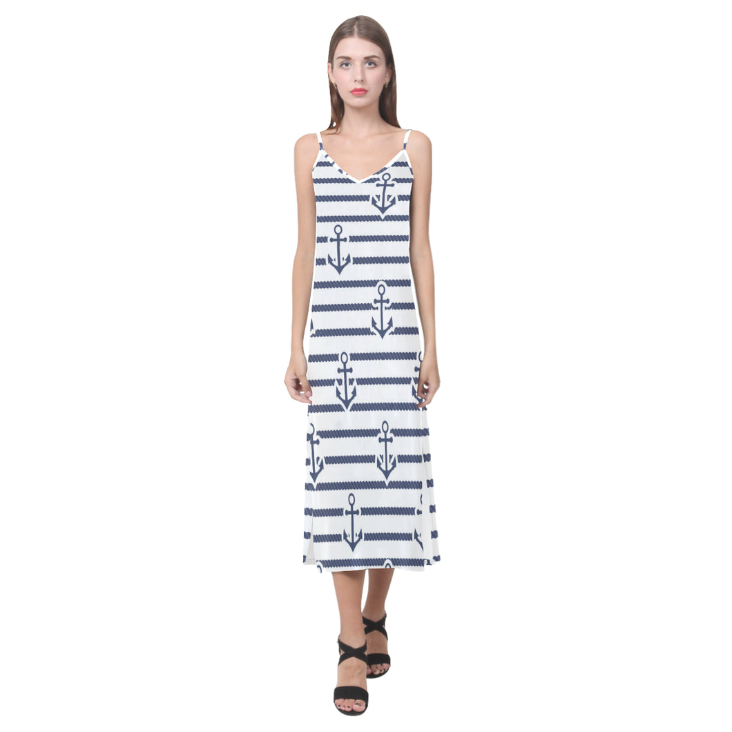 Anchor rope nautical  pattern V-Neck Open Fork Long Dress