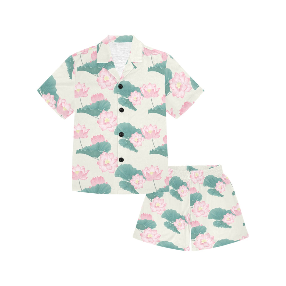 Pink lotus waterlily leaves pattern Kids' Boys' Girls' V-Neck Short Pajama Set