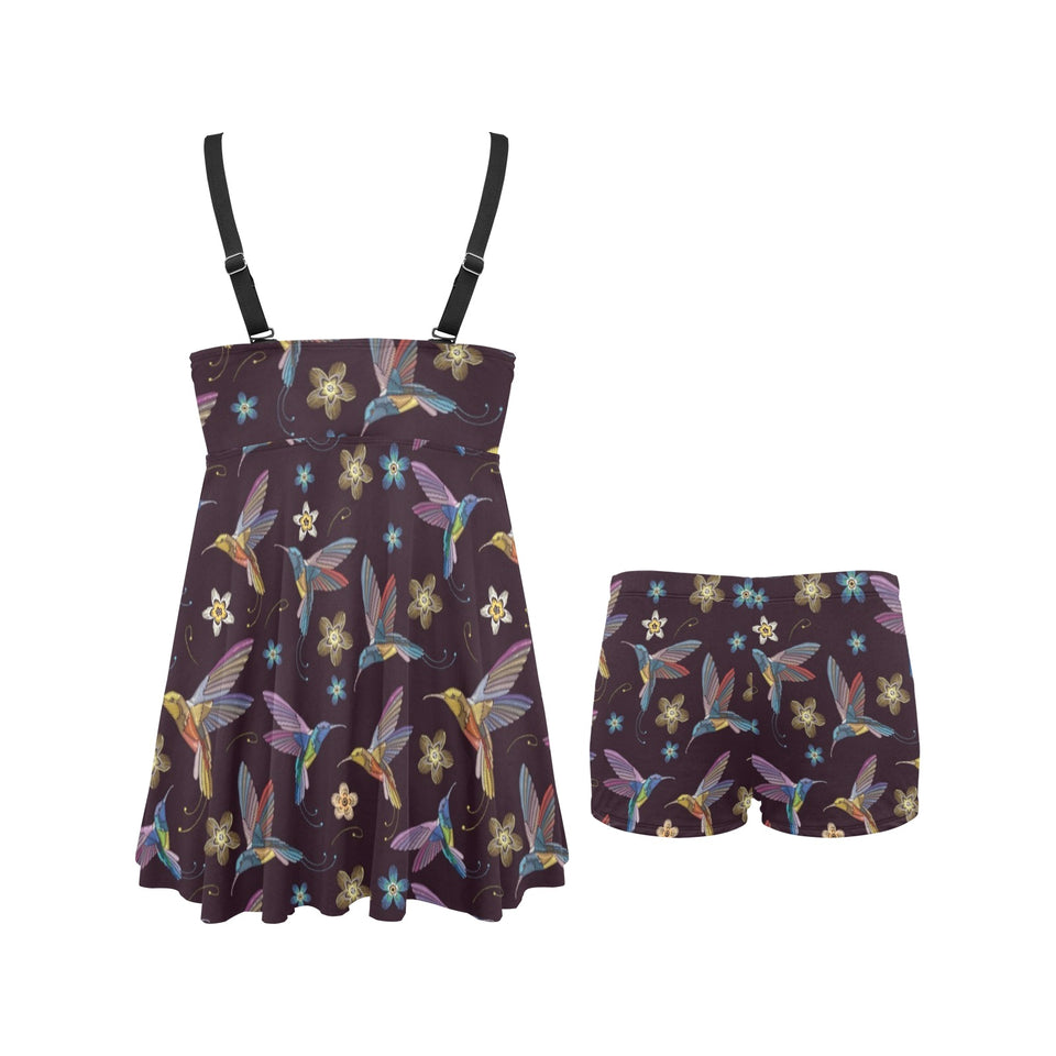 Hummingbird Pattern Print Design 04 Chest Sexy Pleated Two Piece Swim Dress