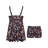 Hummingbird Pattern Print Design 04 Chest Sexy Pleated Two Piece Swim Dress