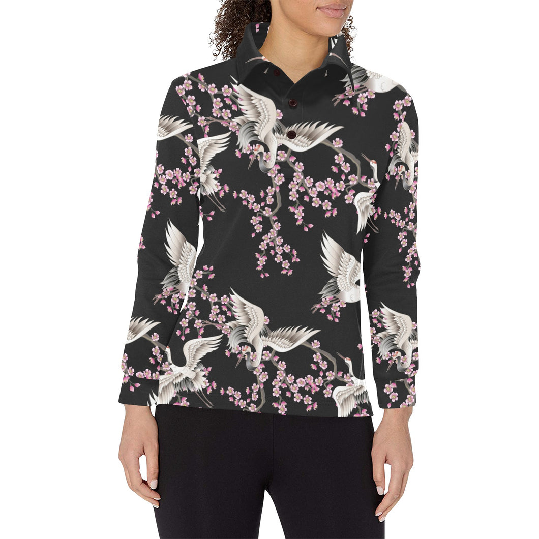 Japanese crane pink sakura pattern Women's Long Sleeve Polo Shirt