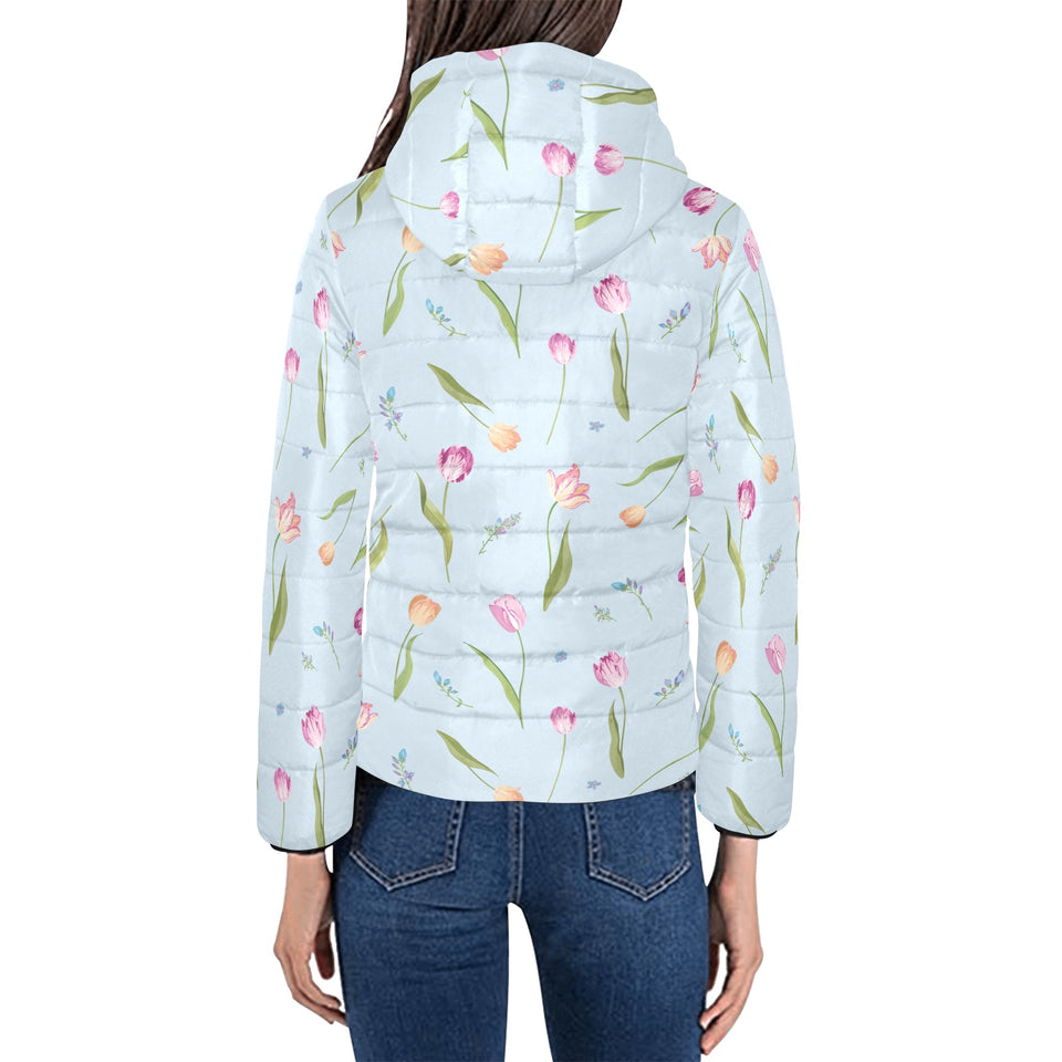 Watercolor Tulips pattern Women's Padded Hooded Jacket
