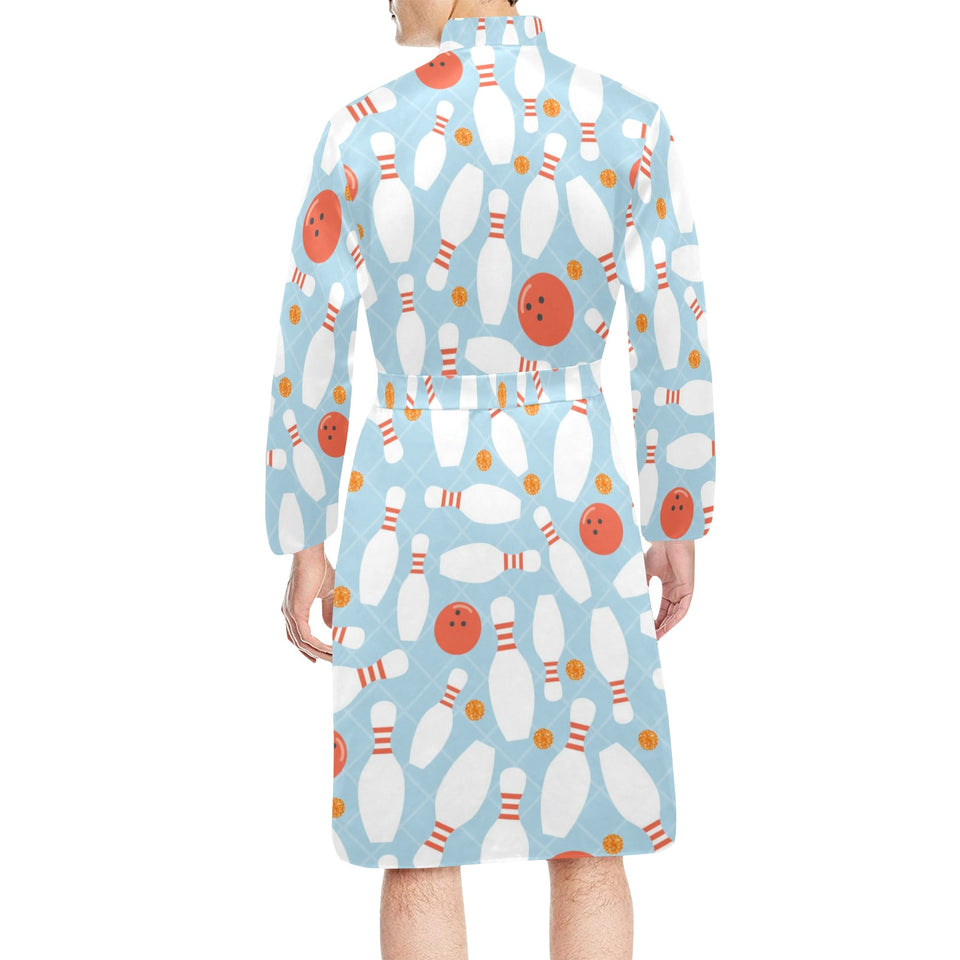 Bowling ball bowling pins blue blackground Men's Long Sleeve Belted Night Robe