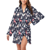 Deers Winter Christmas pattern Women's Long Sleeve Belted Night Robe