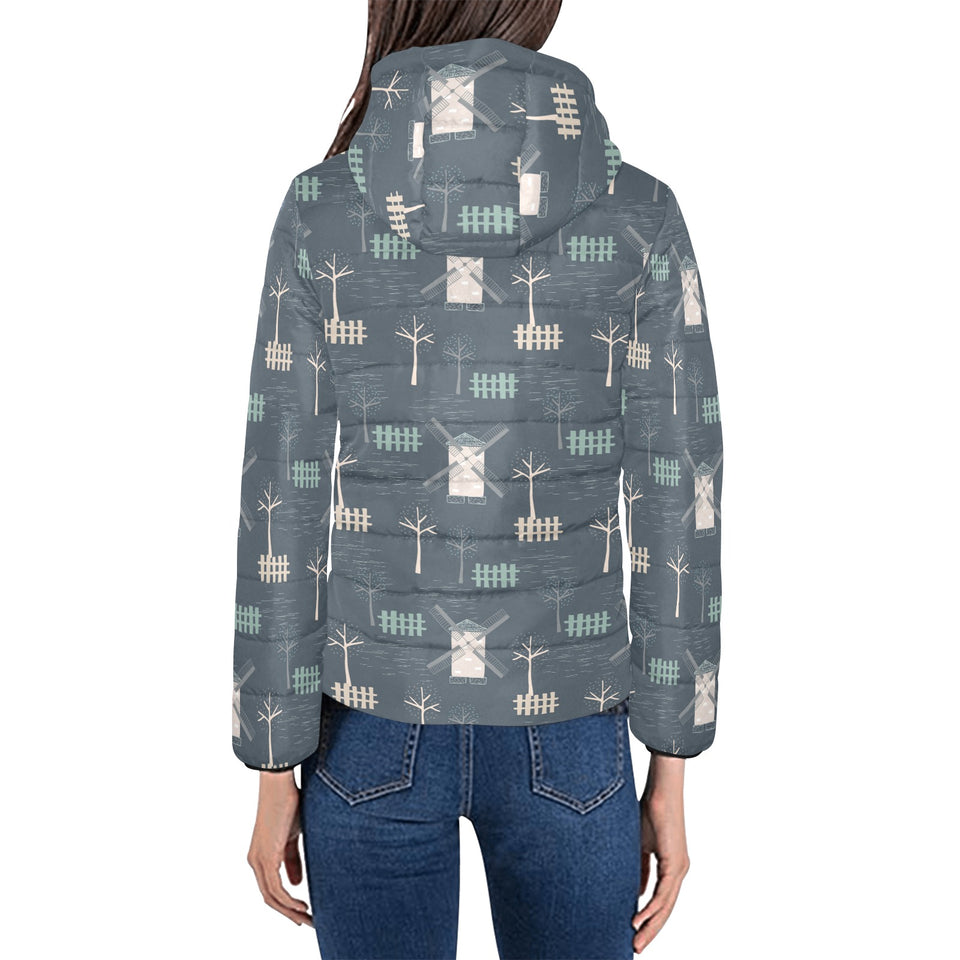 windmill tree pattern Women's Padded Hooded Jacket