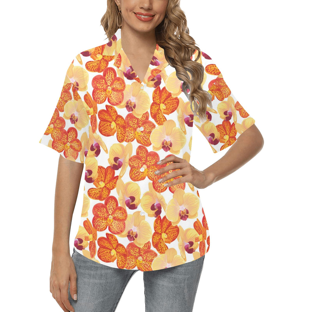 Orange yellow orchid flower pattern background Women's All Over Print Hawaiian Shirt