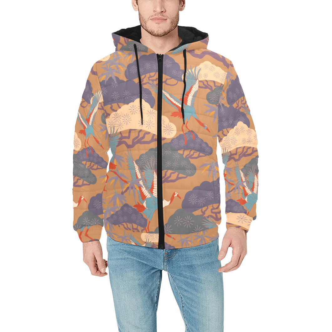 Bonsai bamboo stork japanese pattern brown theme Men's Padded Hooded Jacket
