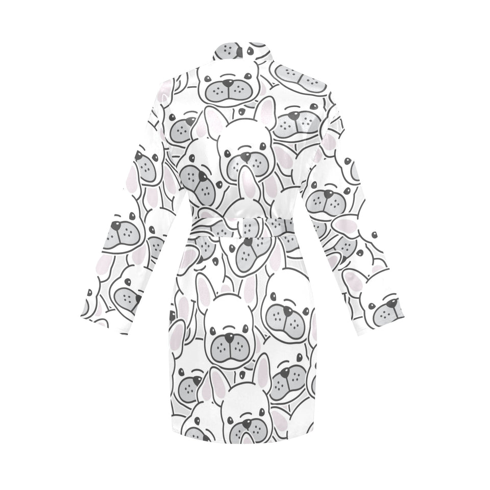 Cute french bulldog head pattern Women's Long Sleeve Belted Night Robe