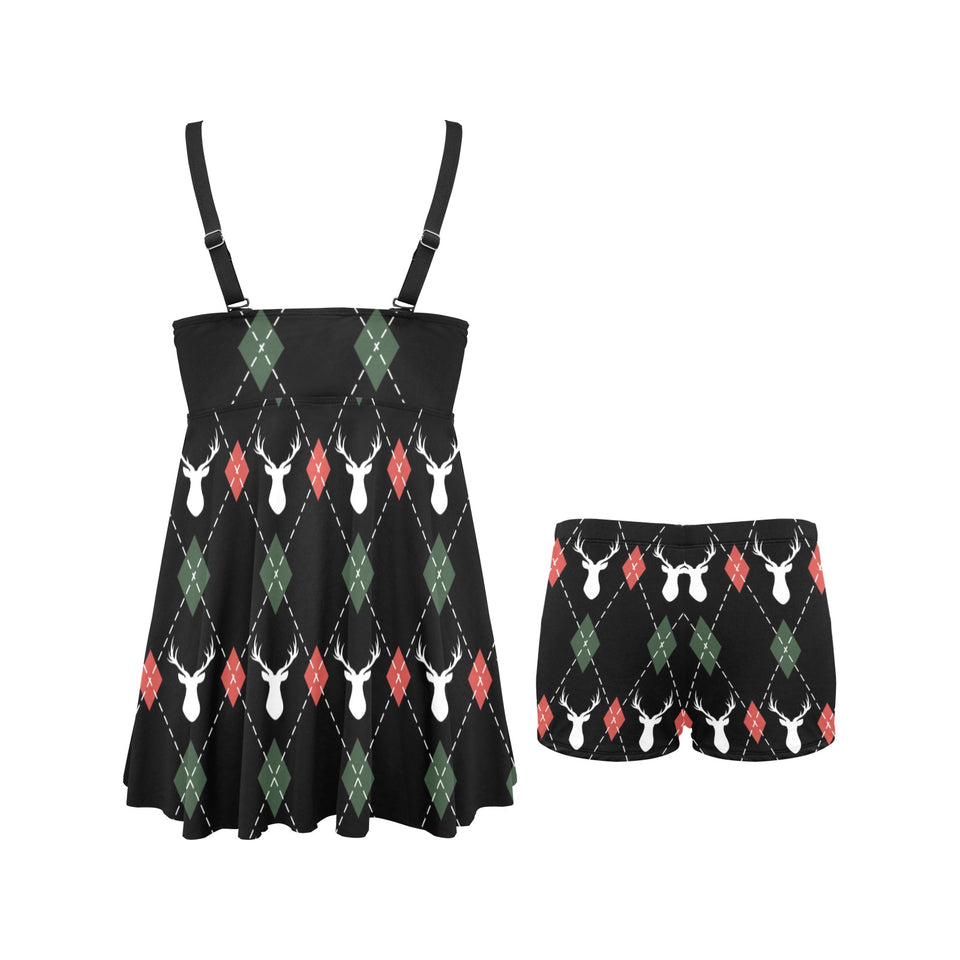 Deer Christmas new year pattern argyle Chest Sexy Pleated Two Piece Swim Dress