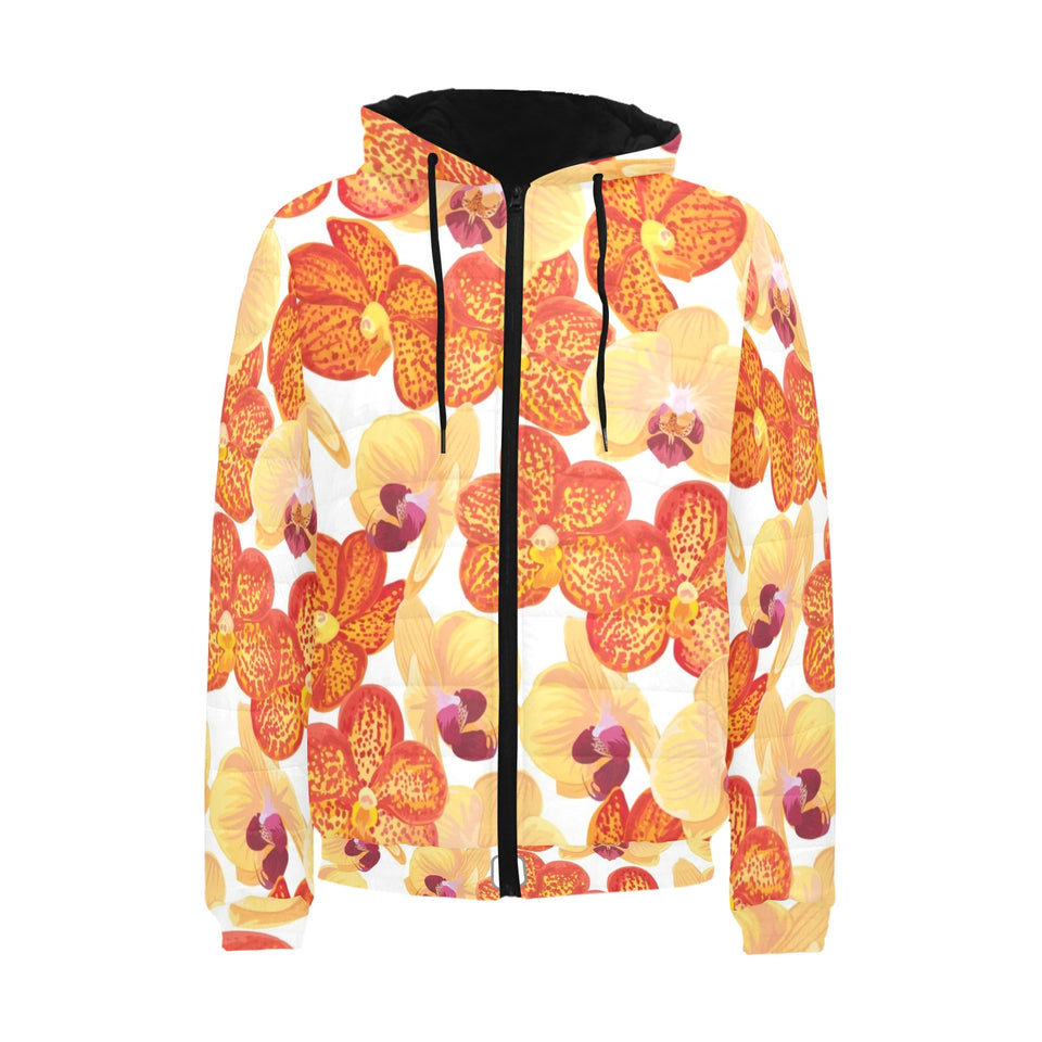 Orange yellow orchid flower pattern background Men's Padded Hooded Jacket