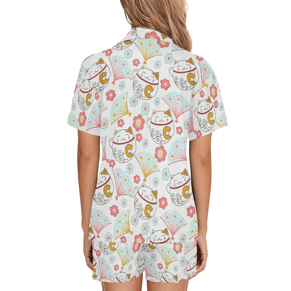 Maneki neko cat fan sakura Women's V-Neck Short Pajama Set