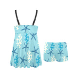 Blue starfish coral reef pattern Chest Sexy Pleated Two Piece Swim Dress
