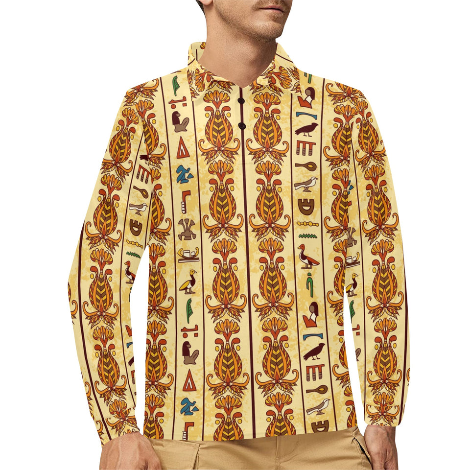 Egypt Hieroglyphics Pattern Print Design 04 Men's Long Sleeve Polo Shirt