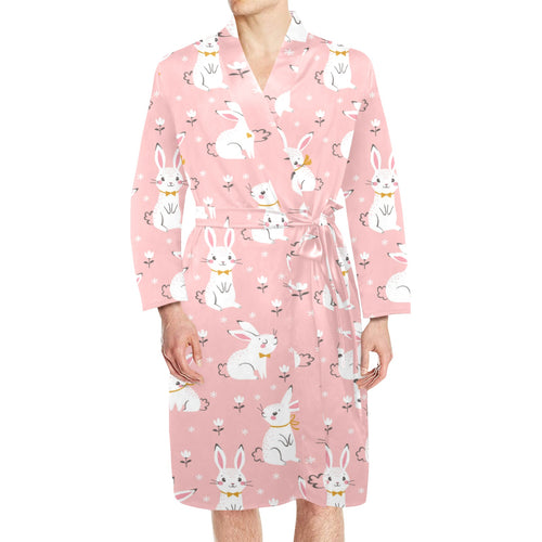 Cute white rabbit flower pink background Men's Long Sleeve Belted Night Robe