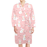 Cute white rabbit flower pink background Men's Long Sleeve Belted Night Robe