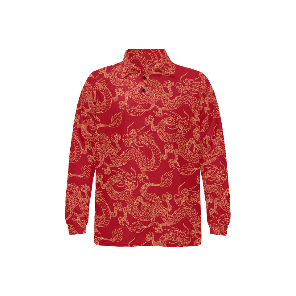 Gold dragons red background Men's Long Sleeve Polo Shirt