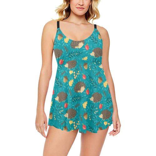 Hedgehog Pattern Print Design 01 Chest Sexy Pleated Two Piece Swim Dress