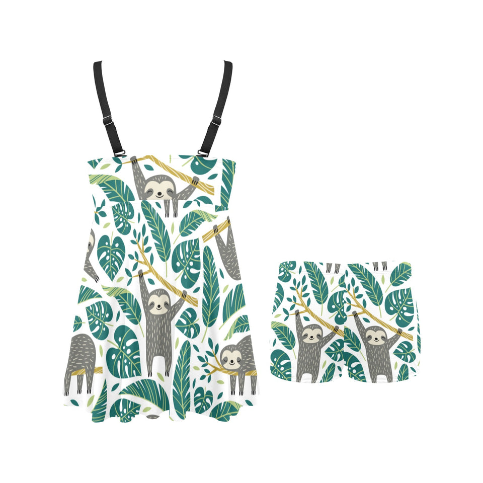 Cute sloths tropical palm leaves white background Chest Sexy Pleated Two Piece Swim Dress