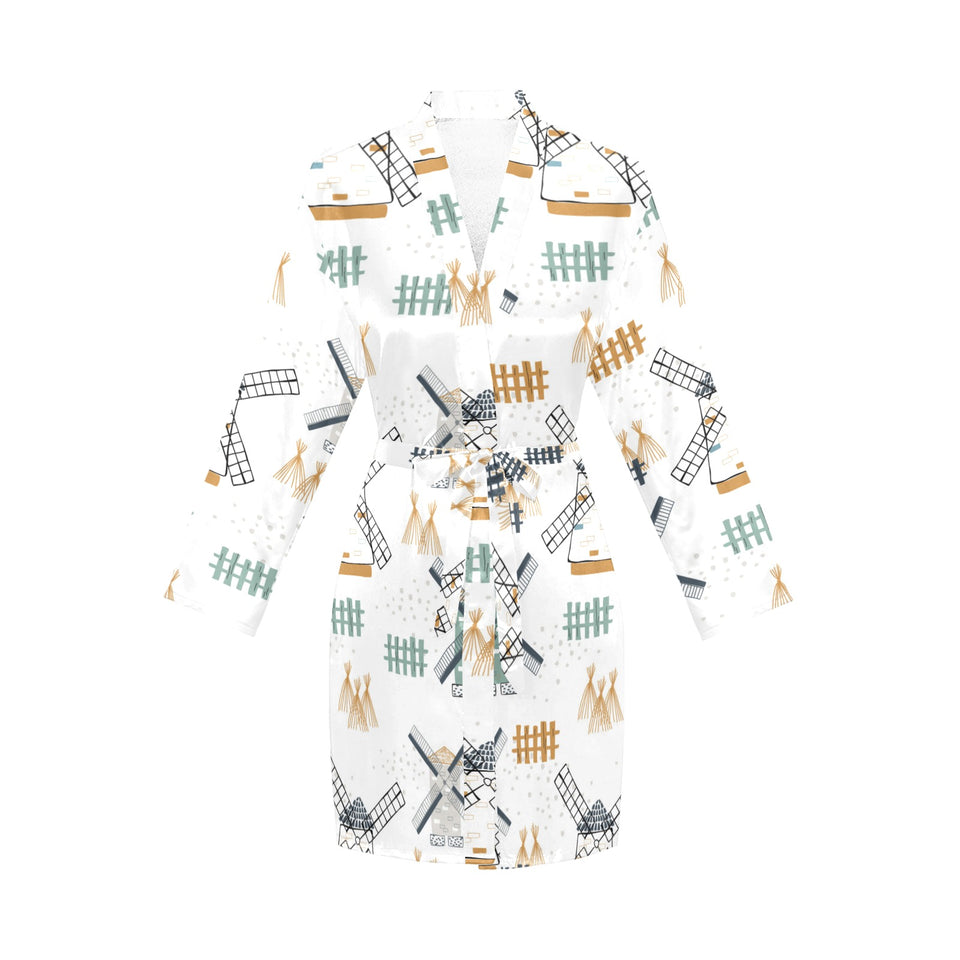 windmill pattern Women's Long Sleeve Belted Night Robe