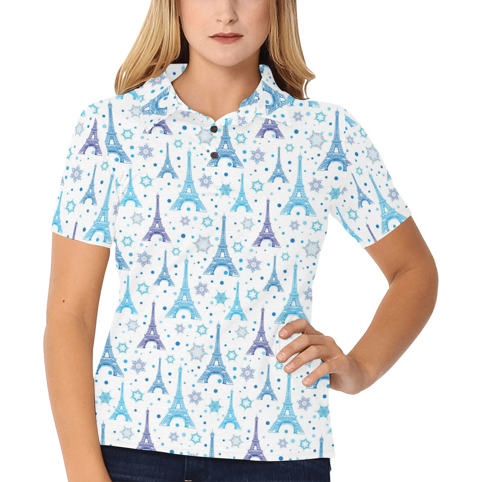 Blue Eiffel Tower Theme Pattern Print Design 01 Women's All Over Print Polo Shirt