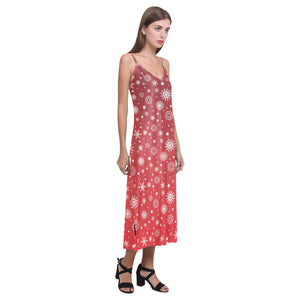 Snowflake pattern red background V-Neck Open Fork Long Dress