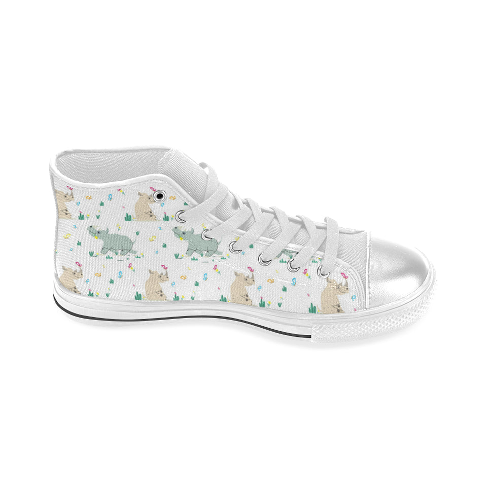 Cute Rhino pattern Women's High Top Canvas Shoes White