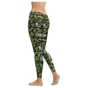 Cute sloths tropical palm leaves black background Women's Legging Fulfilled In US