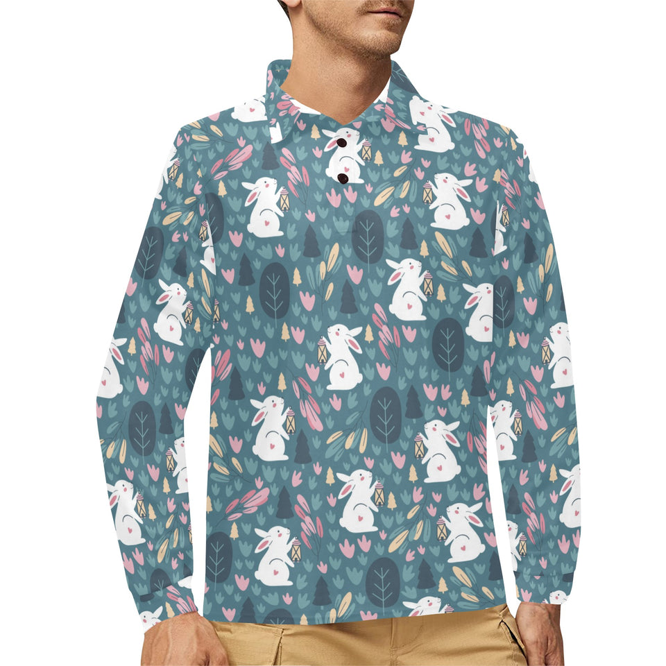 Cute rabbit pattern Men's Long Sleeve Polo Shirt