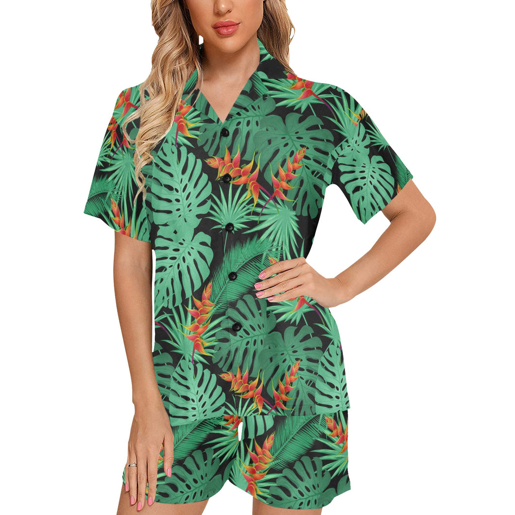 heliconia flower palm monstera leaves black backgr Women's V-Neck Short Pajama Set