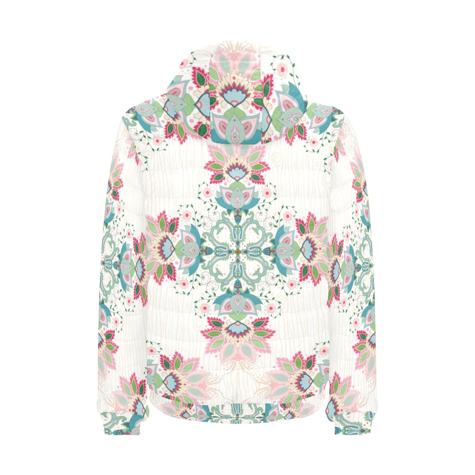 Square floral indian flower pattern Men's Padded Hooded Jacket