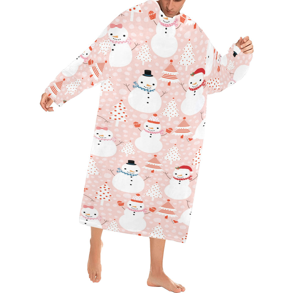 Cute snowman christmas tree snowpink background Blanket Robe with Sleeves