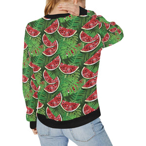 Watermelons tropical palm leaves pattern backgroun Women's Crew Neck Sweatshirt