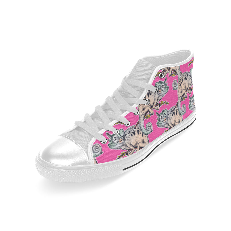 Chameleon lizard pattern pink background Men's High Top Canvas Shoes White