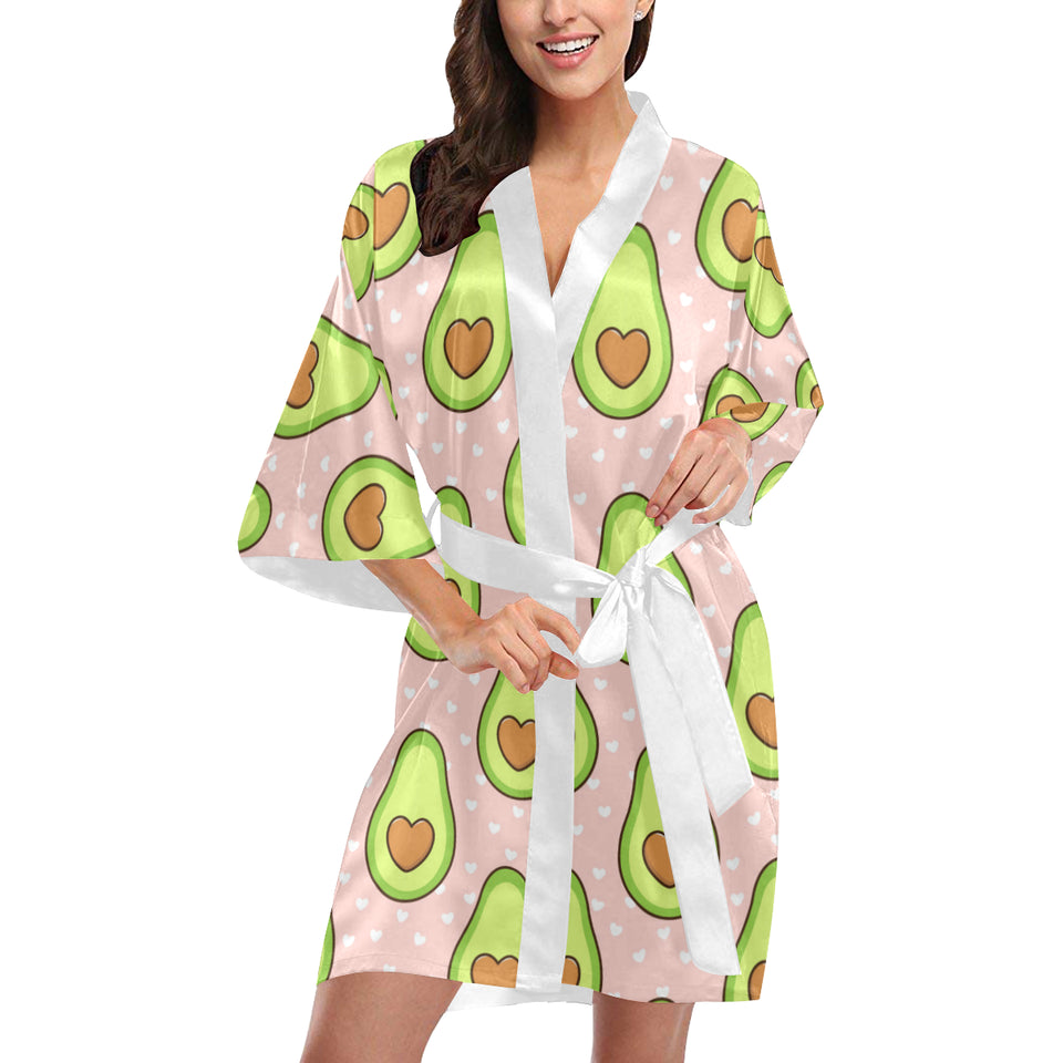 Avocado heart pink background Women's Short Kimono Robe