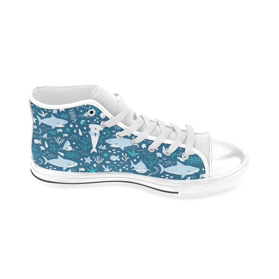 Cute shark pattern Men's High Top Canvas Shoes White