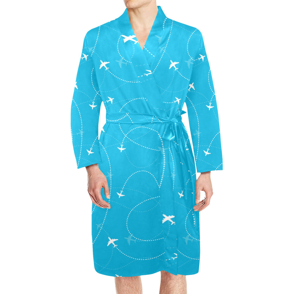 Airplane destinations blue background Men's Long Sleeve Belted Night Robe