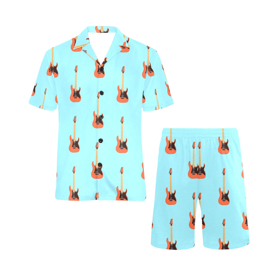 electric guitar pattern light blue background Men's V-Neck Short Pajama Set