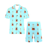 electric guitar pattern light blue background Men's V-Neck Short Pajama Set