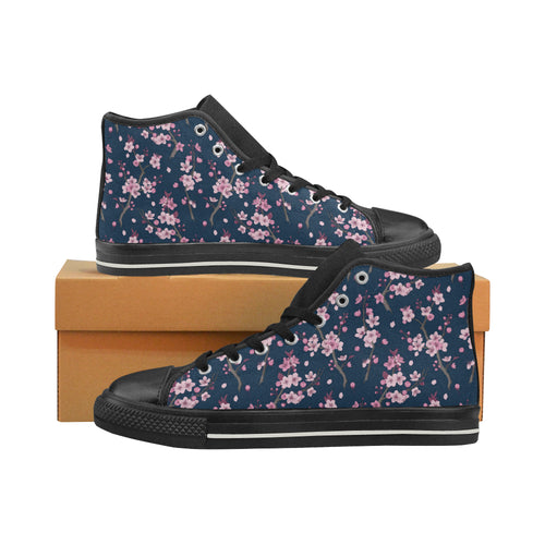 Pink sakura cherry blossom blue background Women's High Top Canvas Shoes Black