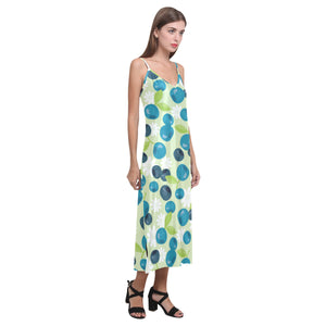 blueberry flower pattern V-Neck Open Fork Long Dress