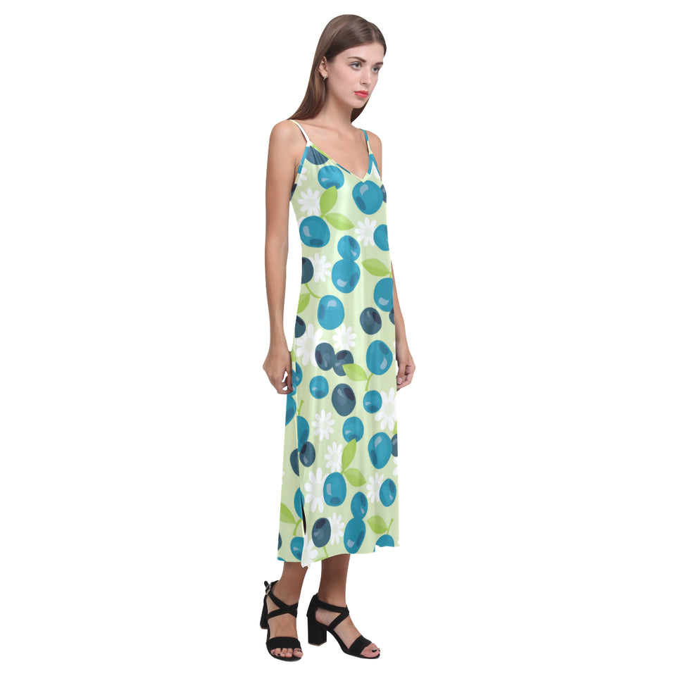 blueberry flower pattern V-Neck Open Fork Long Dress