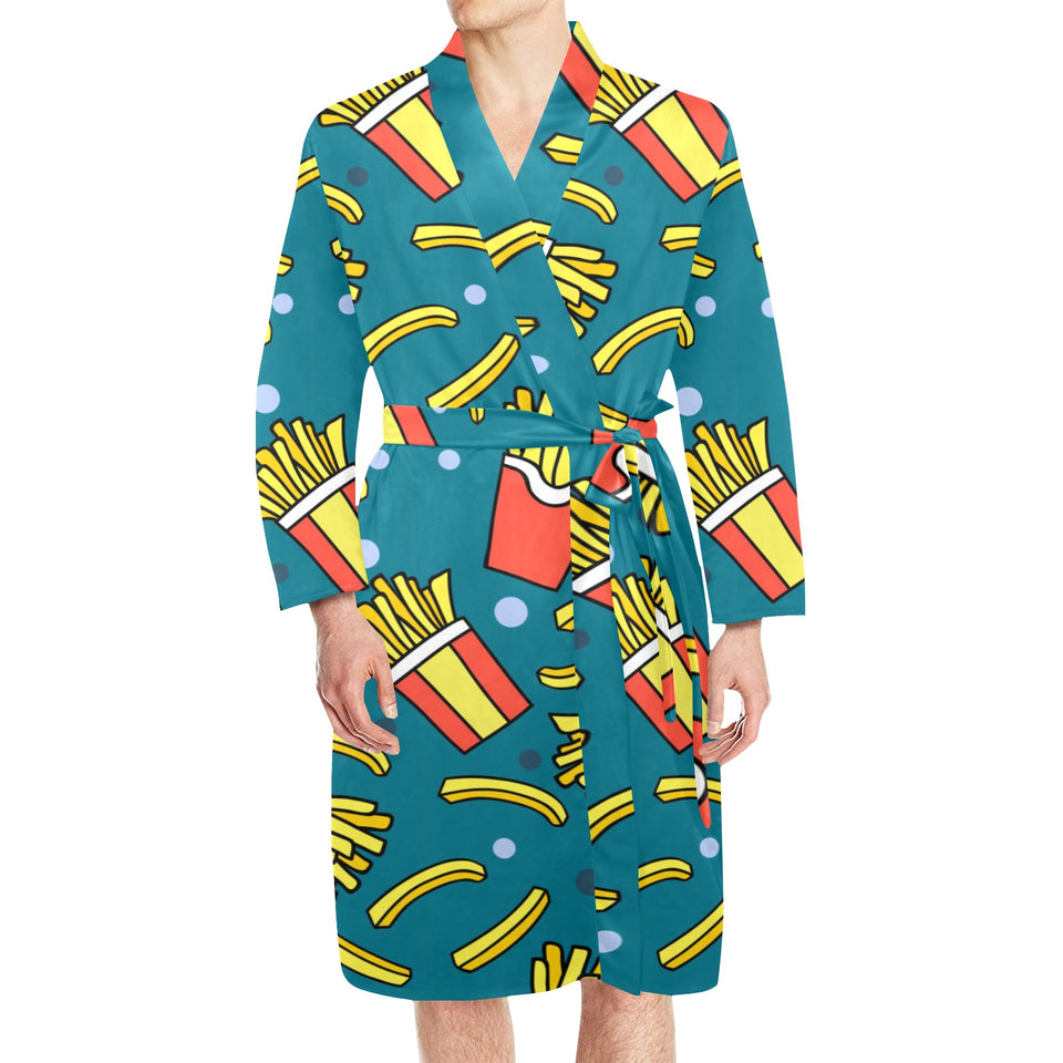 French fries red paper box pattern Men's Long Sleeve Belted Night Robe