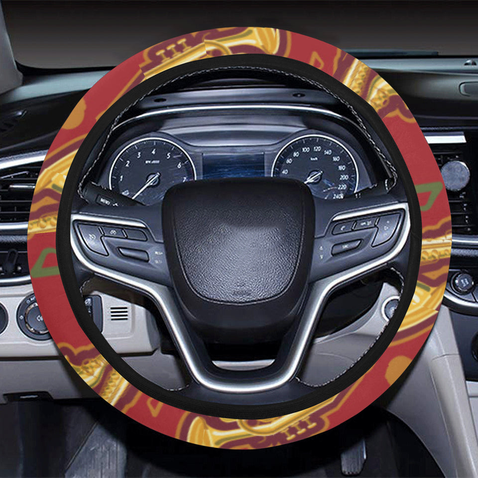 Saxophone cornet pattern red background Car Steering Wheel Cover