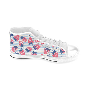 Strawberry pattern blue lines background Men's High Top Canvas Shoes White