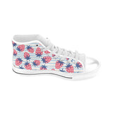 Strawberry pattern blue lines background Men's High Top Canvas Shoes White