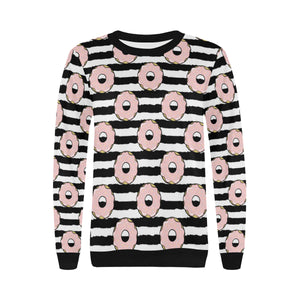 Donuts pink icing striped pattern Women's Crew Neck Sweatshirt